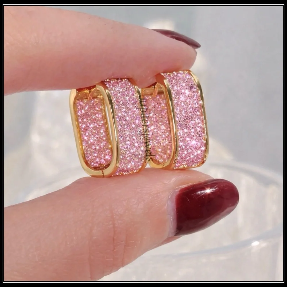 Clearance! New Blush Pink Simulated Diamond Pavé Gold Oval Huggie Hoop Earrings